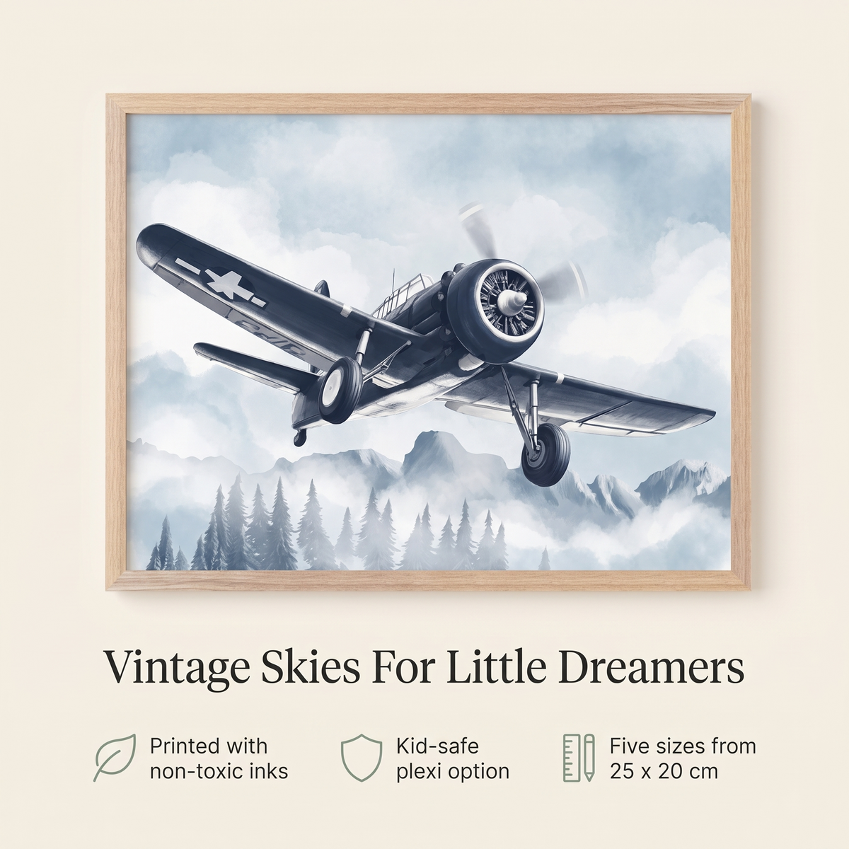 Airplane Wall Art Print with Mountain Pines, Navy Blue