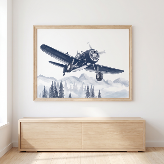 Airplane Wall Art Print with Mountain Pines, Navy Blue