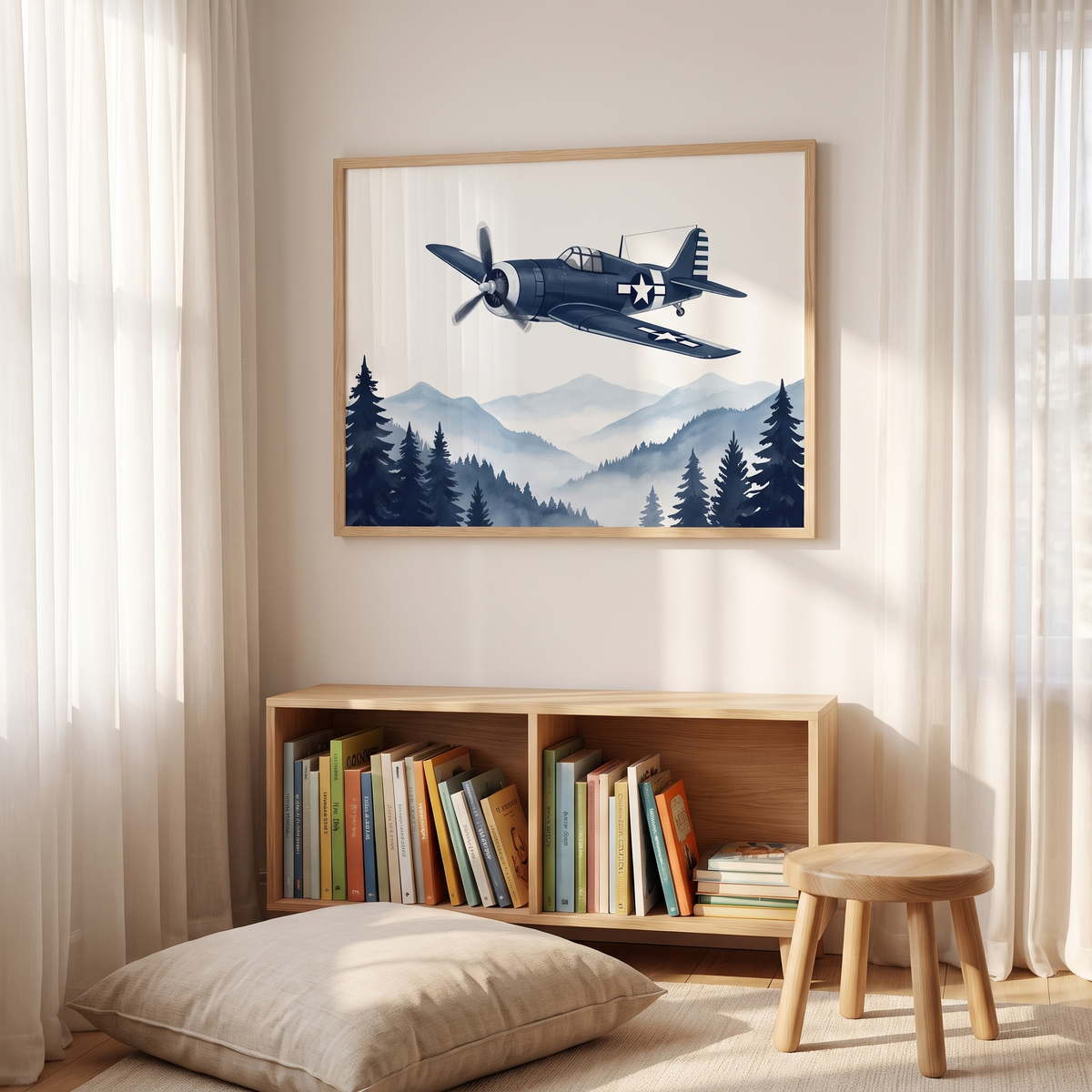 Airplane Wall Art Print with Mountain Pines, Navy Blue
