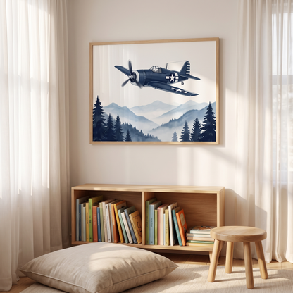 Airplane Wall Art Print with Mountain Pines, Navy Blue