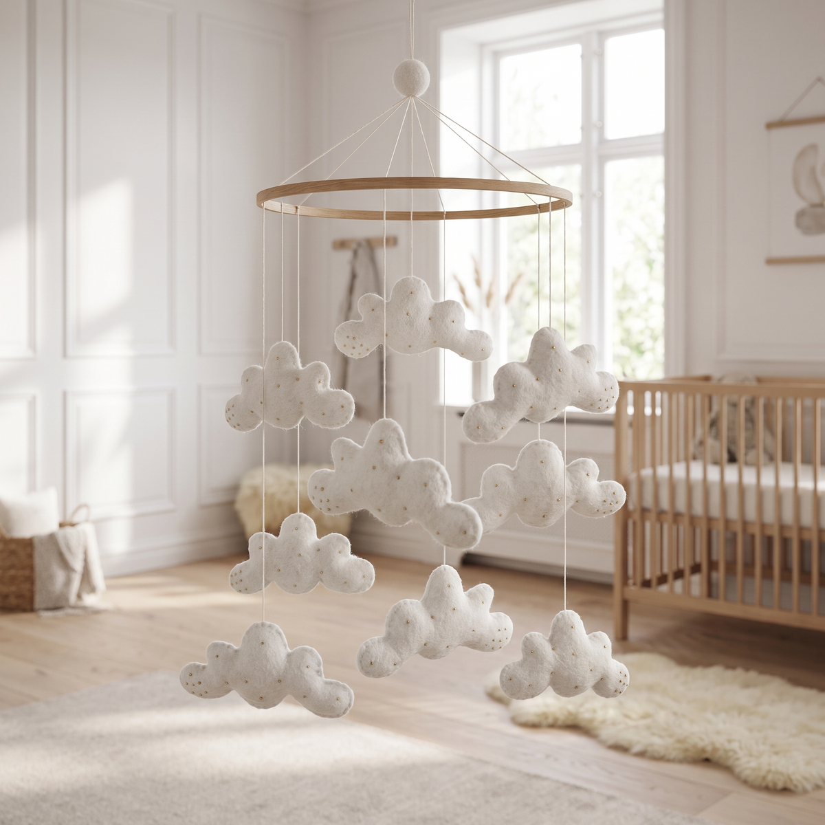 Wool Felt Nursery Mobile with Clouds, Off-White
