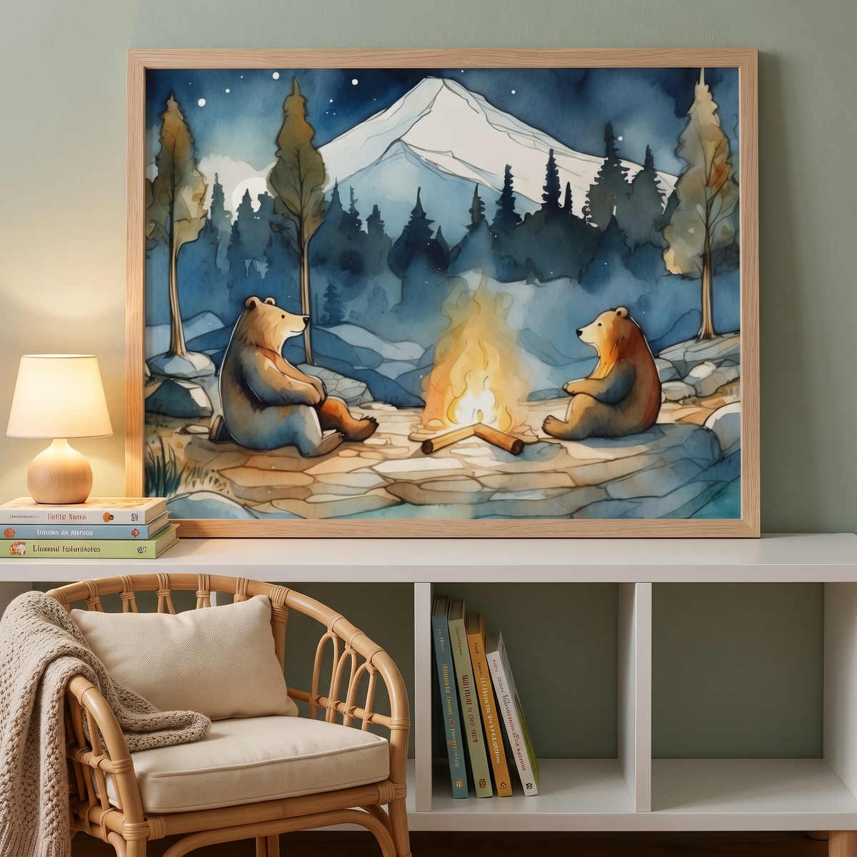 Bear Campfire Watercolor Wall Art Print, Blue and Brown