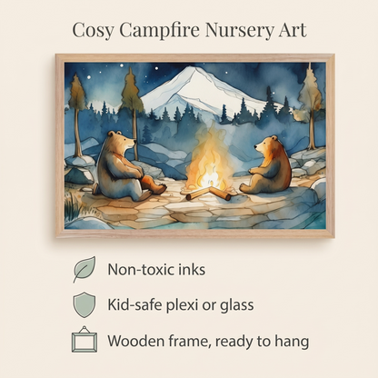 Bear Campfire Watercolor Wall Art Print, Blue and Brown