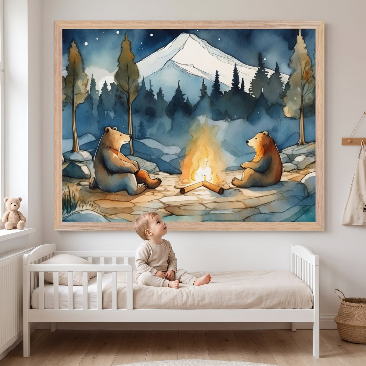 Bear Campfire Watercolor Wall Art Print, Blue and Brown