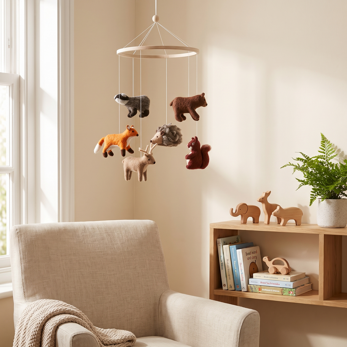 Wool Felt Nursery Mobile with Woodland Animals, Natural Wood