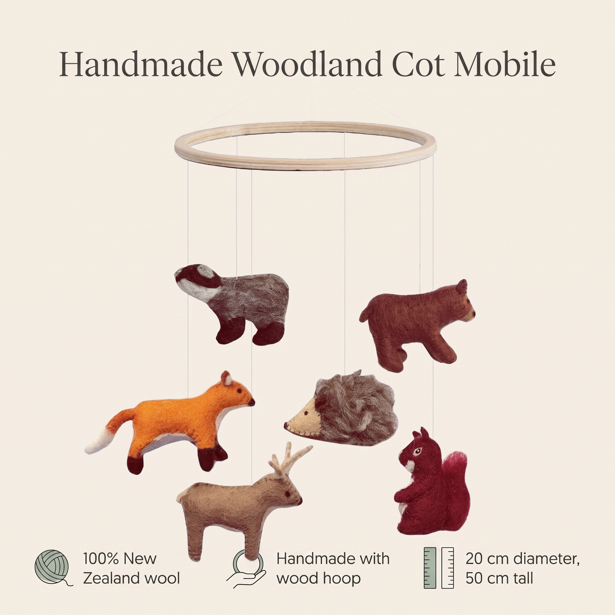 Wool Felt Nursery Mobile with Woodland Animals, Natural Wood