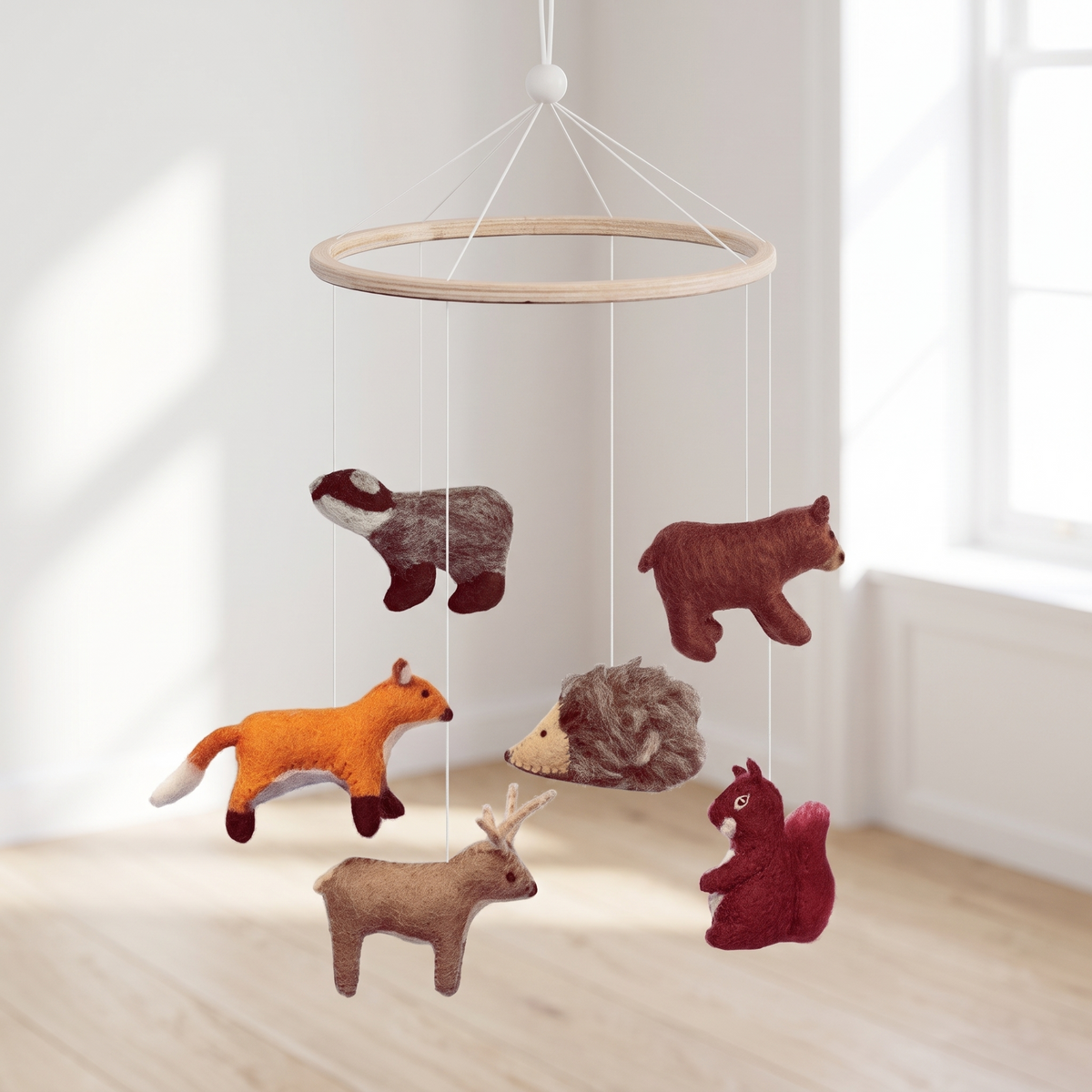 Wool Felt Nursery Mobile with Woodland Animals, Natural Wood