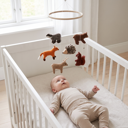 Wool Felt Nursery Mobile with Woodland Animals, Natural Wood