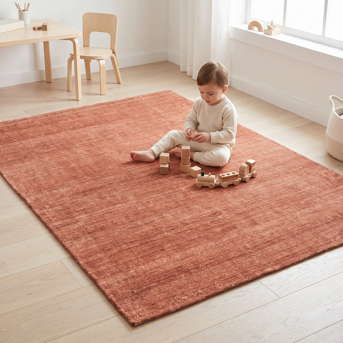 Washable Kids Rug with Built-In Underlay, Terracotta Orange – 180 x 120 cm