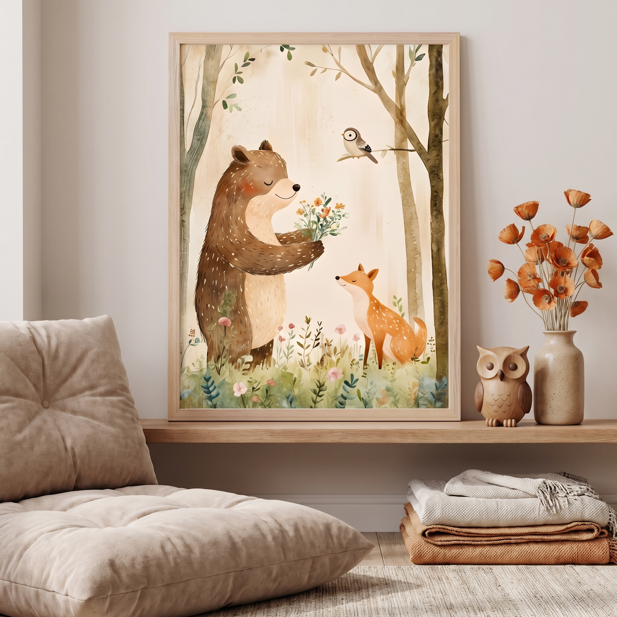 Woodland Bear and Forest Friends Wall Art Print, Blush and Sage