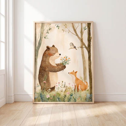 Woodland Bear and Forest Friends Wall Art Print, Blush and Sage