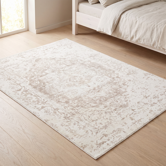 Washable Kids Rug with Distressed Ornate Pattern, Cream and Beige – 180 x 120 cm