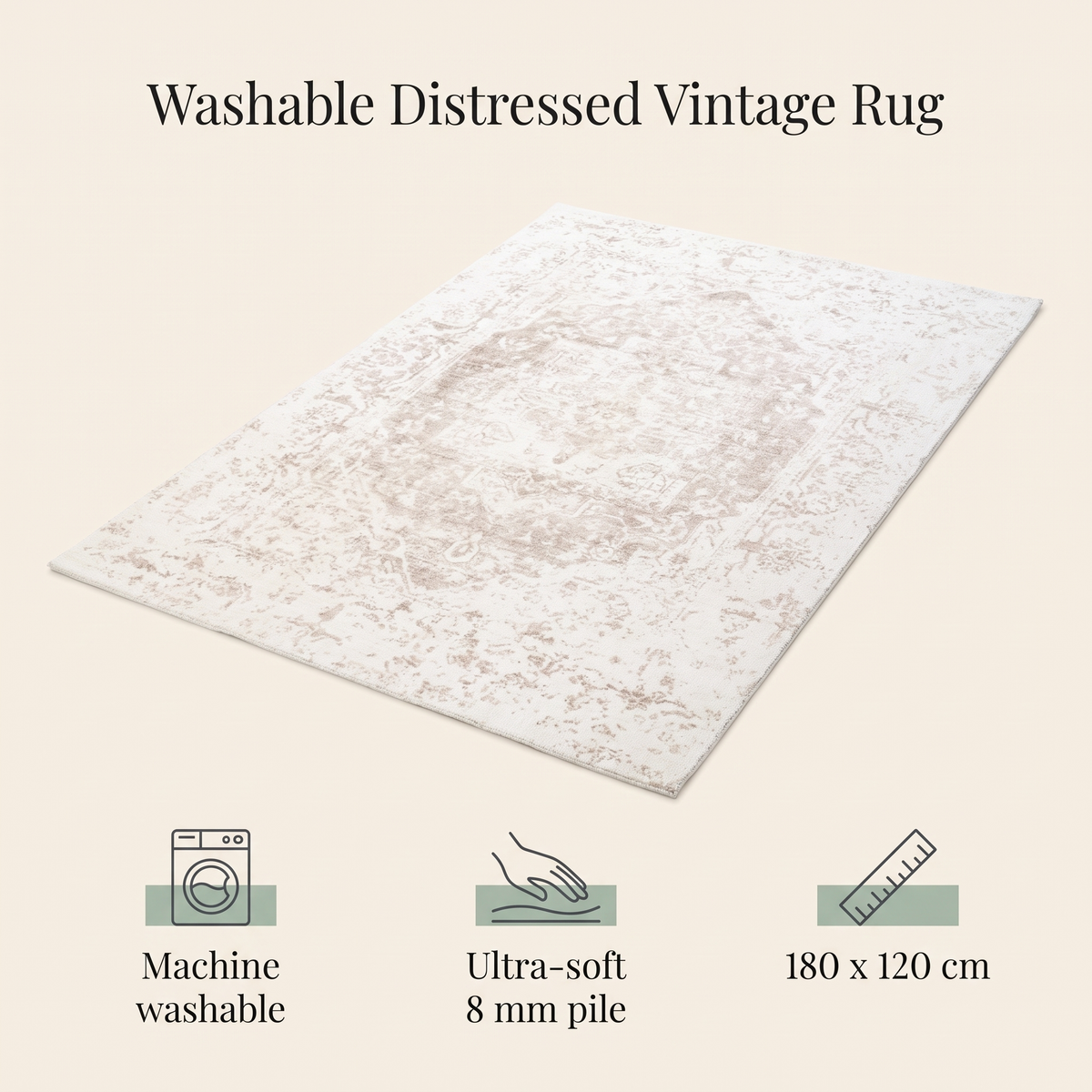 Washable Kids Rug with Distressed Ornate Pattern, Cream and Beige – 180 x 120 cm
