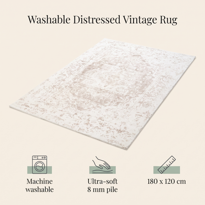 Washable Kids Rug with Distressed Ornate Pattern, Cream and Beige – 180 x 120 cm