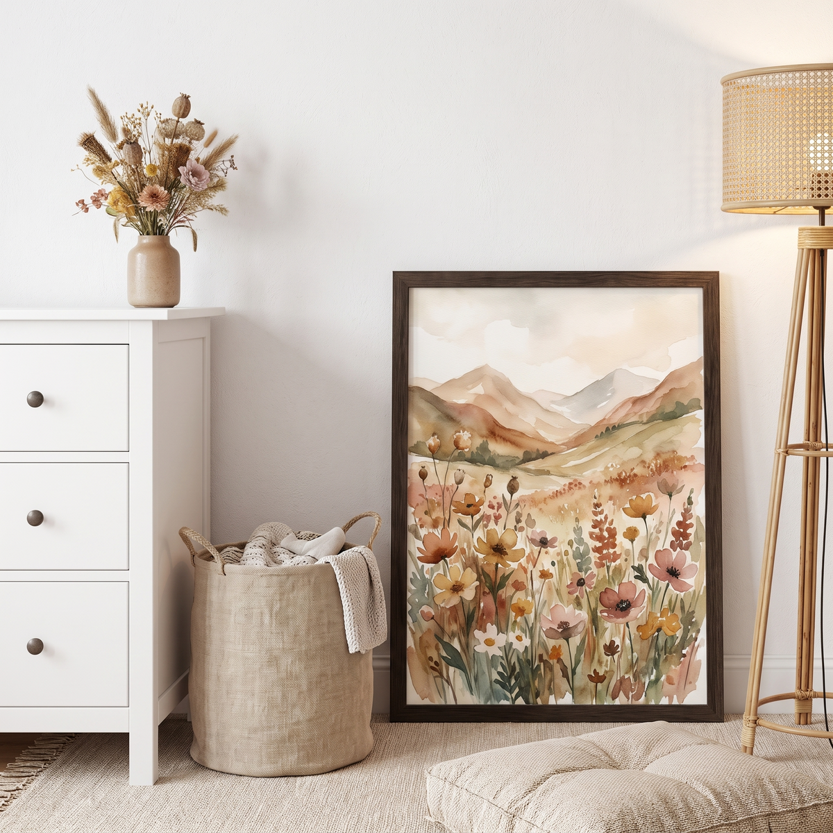 Mountain Meadow Wildflower Wall Art Print, Warm Earth Tones