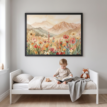 Mountain Meadow Wildflower Wall Art Print, Warm Earth Tones