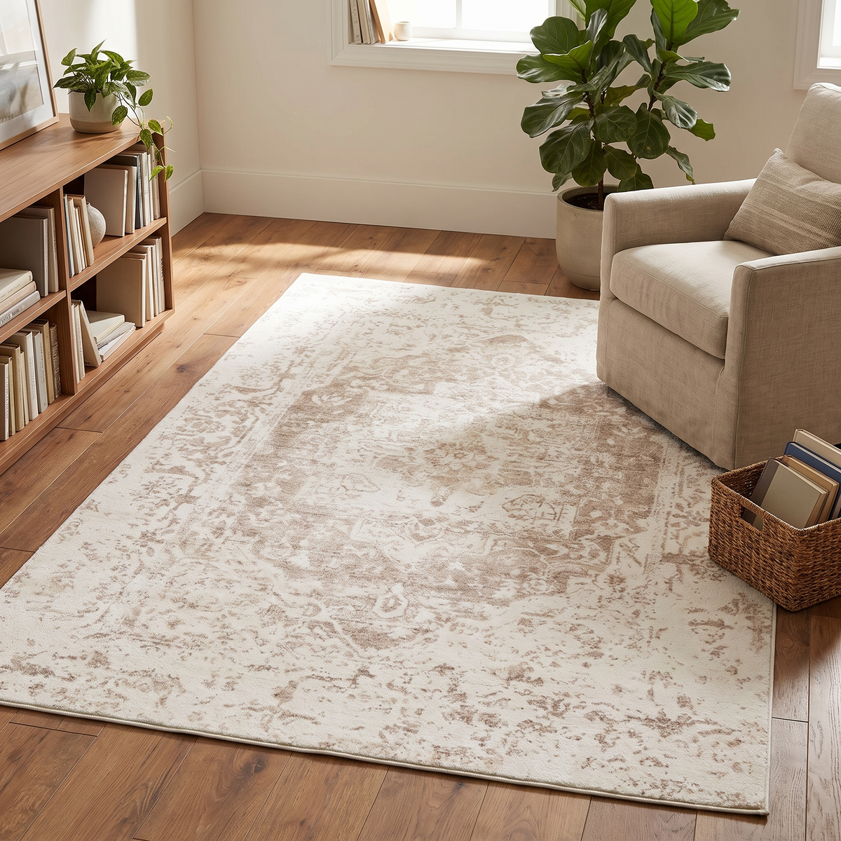 Washable Kids Rug with Distressed Ornate Pattern, Cream and Beige – 180 x 120 cm