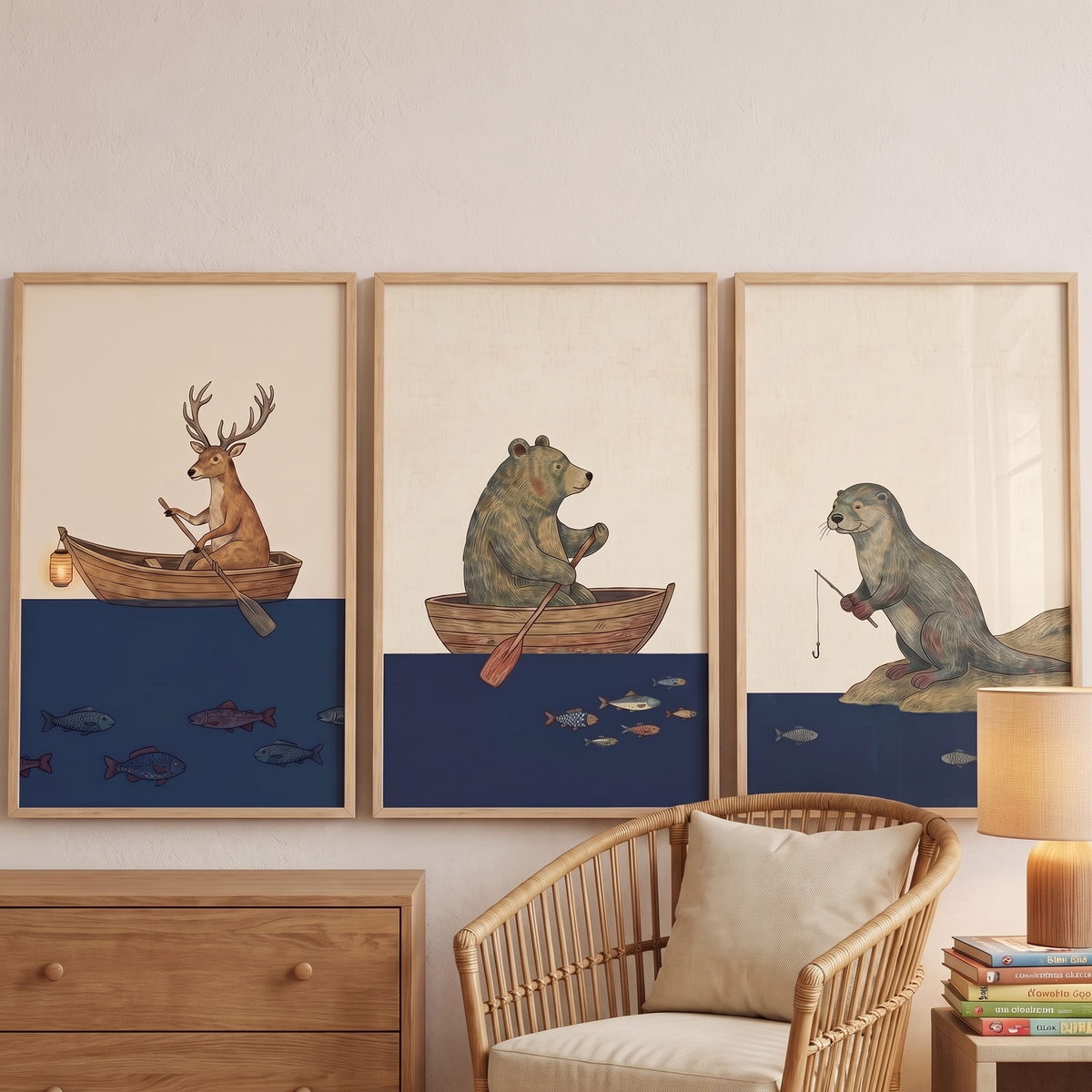 Woodland Animals Fishing Wall Art Prints, Set of 3 – Navy and Rust