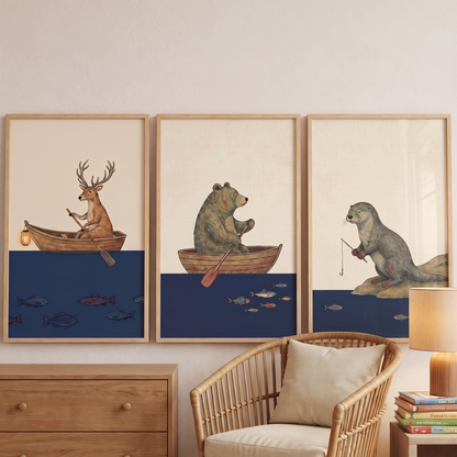 Woodland Animals Fishing Wall Art Prints, Set of 3 – Navy and Rust