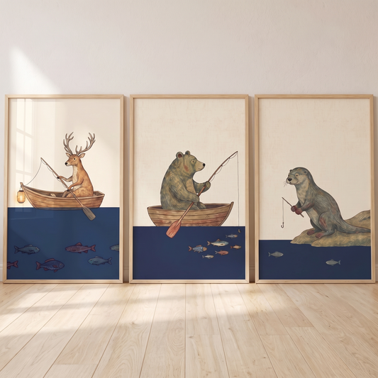 Woodland Animals Fishing Wall Art Prints, Set of 3 – Navy and Rust