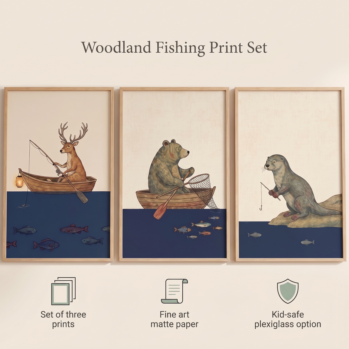 Woodland Animals Fishing Wall Art Prints, Set of 3 – Navy and Rust