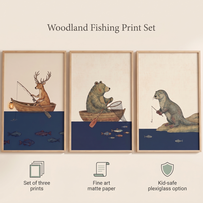 Woodland Animals Fishing Wall Art Prints, Set of 3 – Navy and Rust