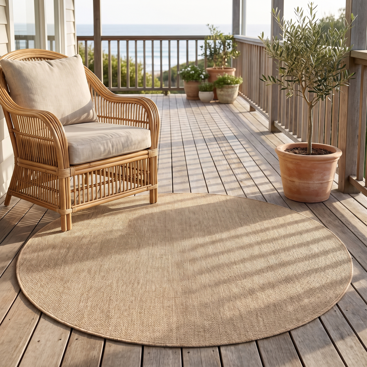 Round Woven Indoor Outdoor Rug, Natural Beige – 160 cm