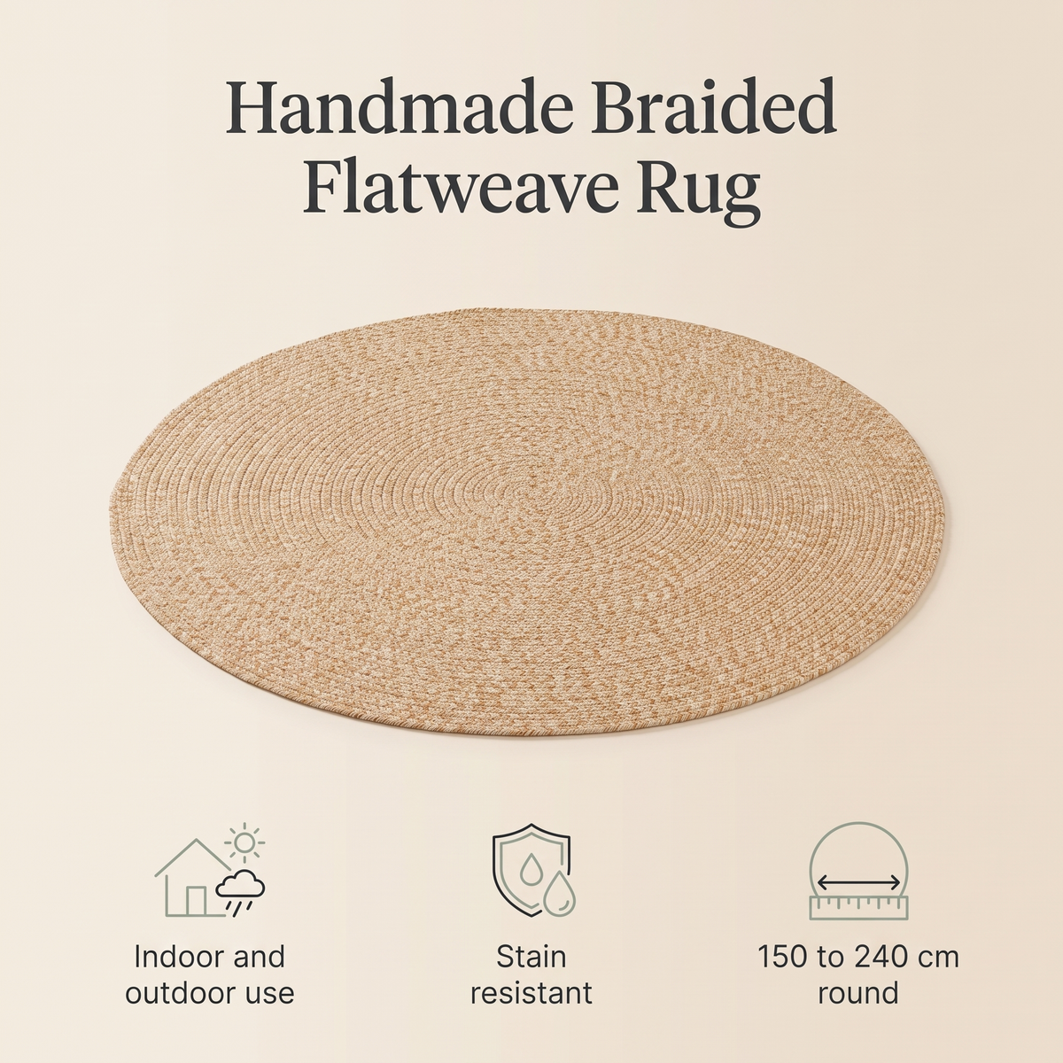 Round Braided Flatweave Rug for Indoors and Outdoors, Beige – 150 cm