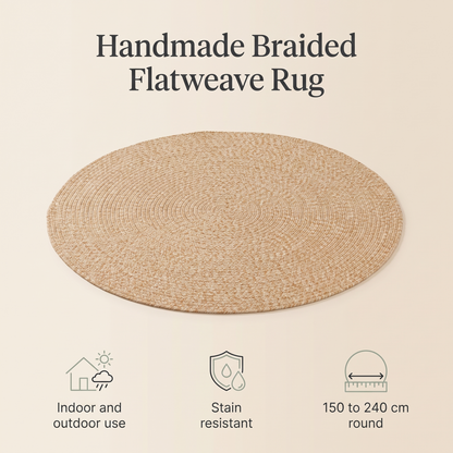 Round Braided Flatweave Rug for Indoors and Outdoors, Beige – 150 cm