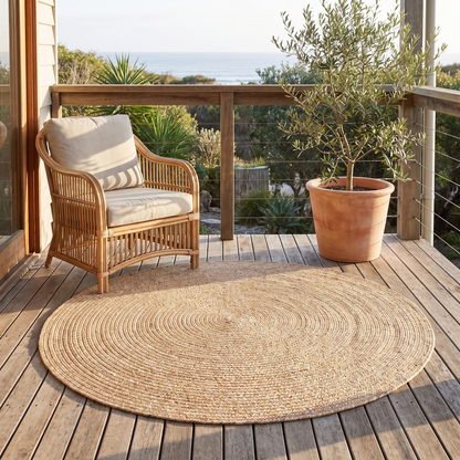 Round Braided Flatweave Rug for Indoors and Outdoors, Beige – 150 cm