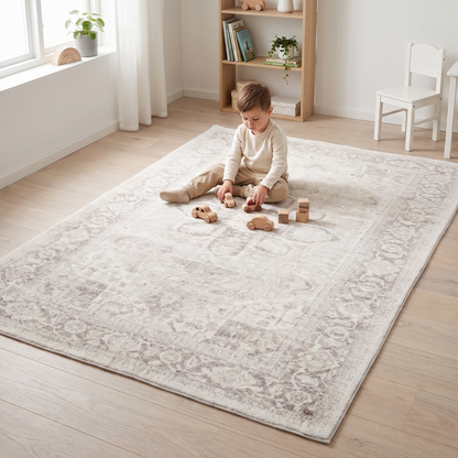 Washable Kids Rug with Distressed Vintage Pattern, Gray and Cream – 180 x 120 cm