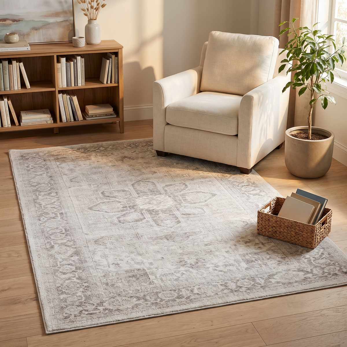 Washable Kids Rug with Distressed Vintage Pattern, Gray and Cream – 180 x 120 cm