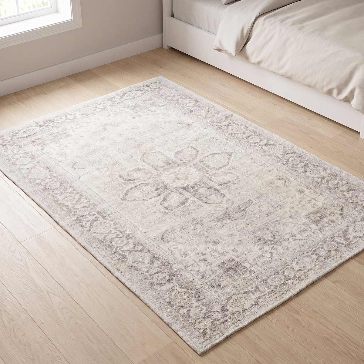 Washable Kids Rug with Distressed Vintage Pattern, Gray and Cream – 180 x 120 cm
