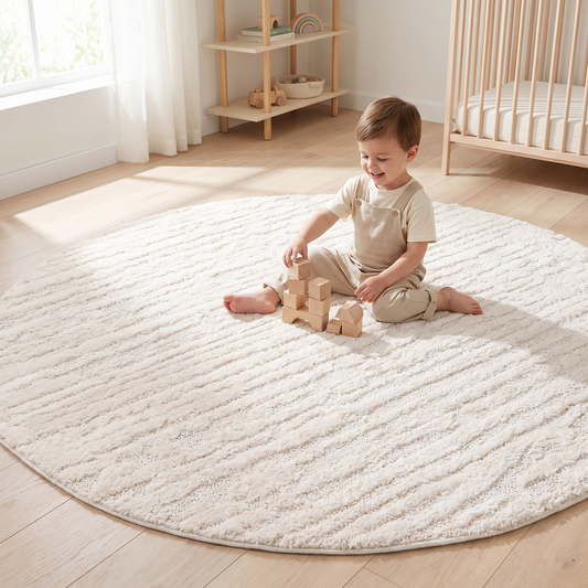 Round High-Low Pile Kids Rug, Ivory Cream – 120 cm
