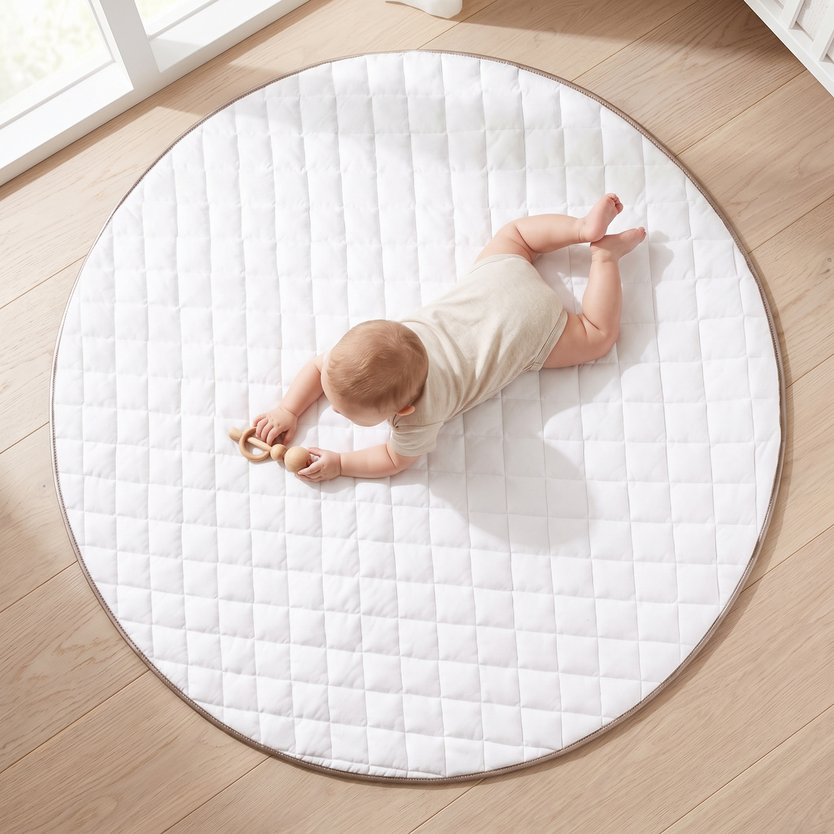 Round Quilted Baby Play Mat with Faux Leather Border and Travel Bag, Whisper White
