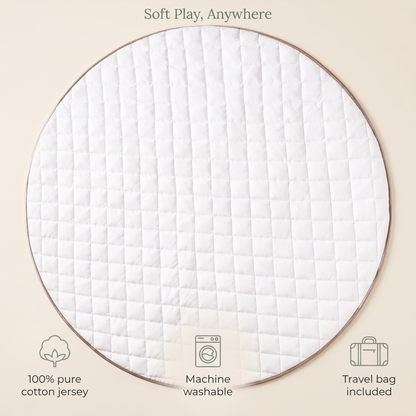 Round Quilted Baby Play Mat with Faux Leather Border and Travel Bag, Whisper White