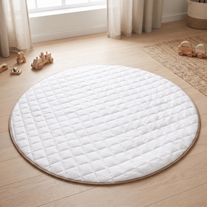 Round Quilted Baby Play Mat with Faux Leather Border and Travel Bag, Whisper White