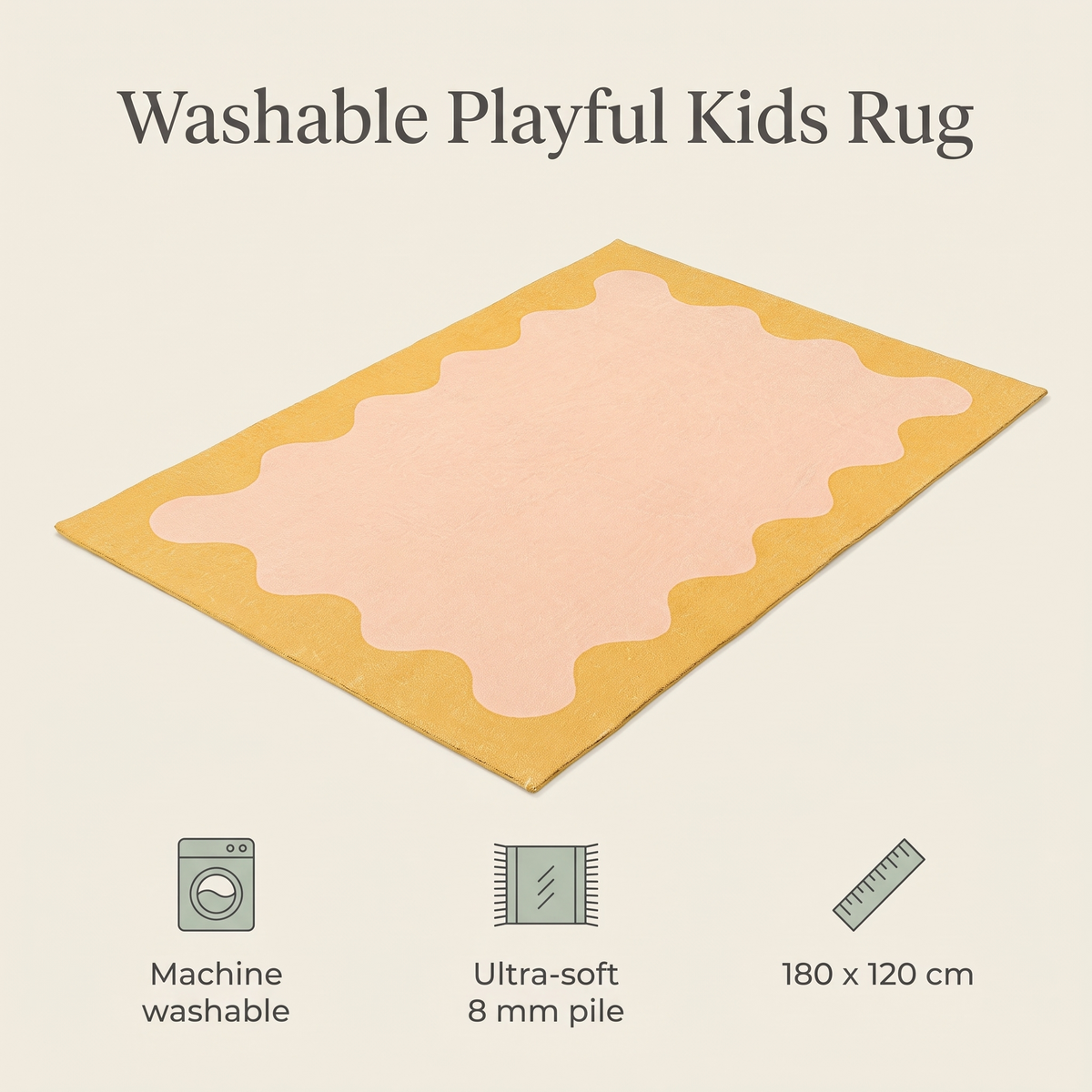 Washable Kids Rug with Wiggle Border, Pink and Yellow – 180 x 120 cm