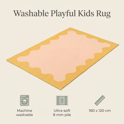 Washable Kids Rug with Wiggle Border, Pink and Yellow – 180 x 120 cm