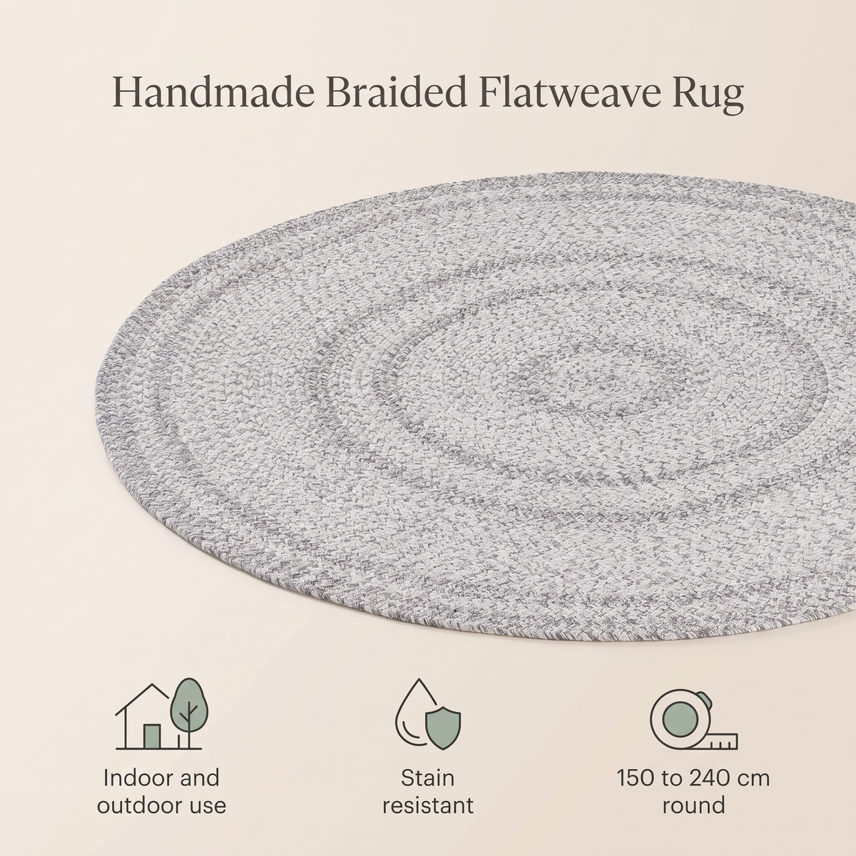 Round Braided Flatweave Rug for Indoors and Outdoors, Gray – 150 cm