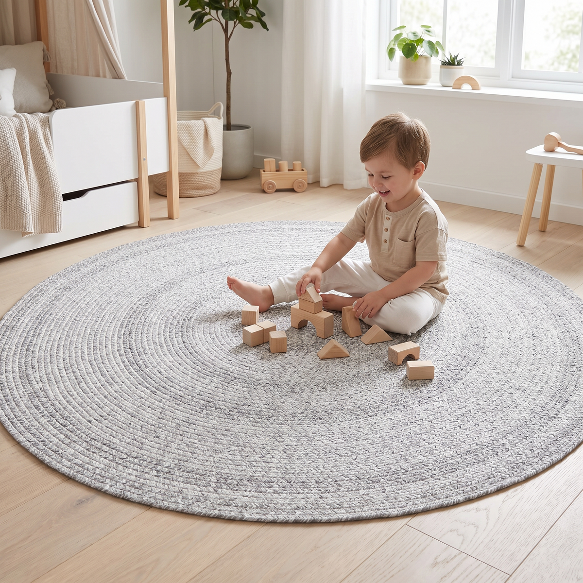 Round Braided Flatweave Rug for Indoors and Outdoors, Gray – 150 cm
