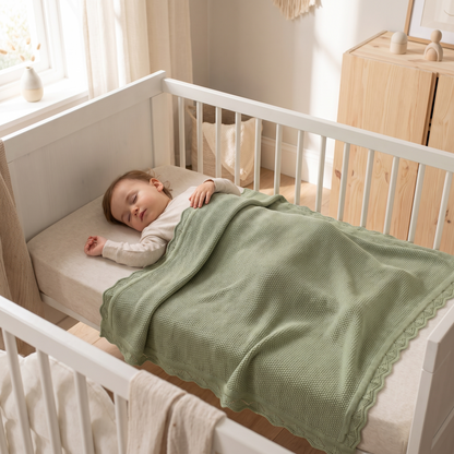 Knitted Baby Blanket in 100% Cotton, Sage Green