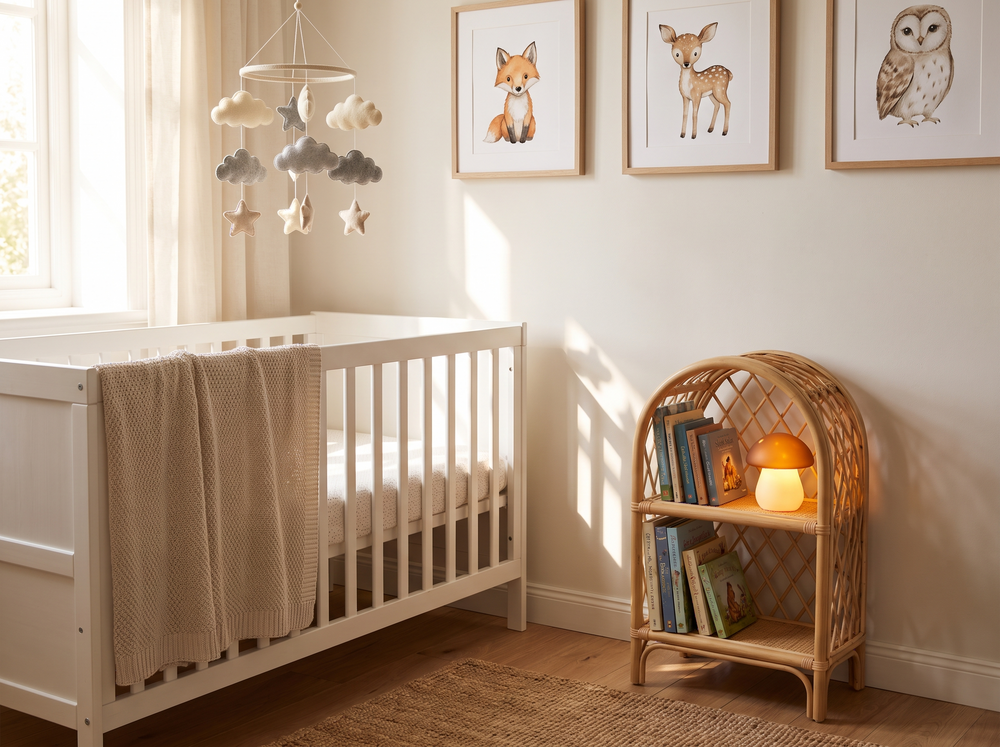 Styled nursery corner with cot mobile, wall art and night light