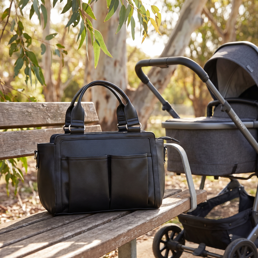 Convertible Faux Leather Pram Caddy with Insulated Bottle Pockets – Black