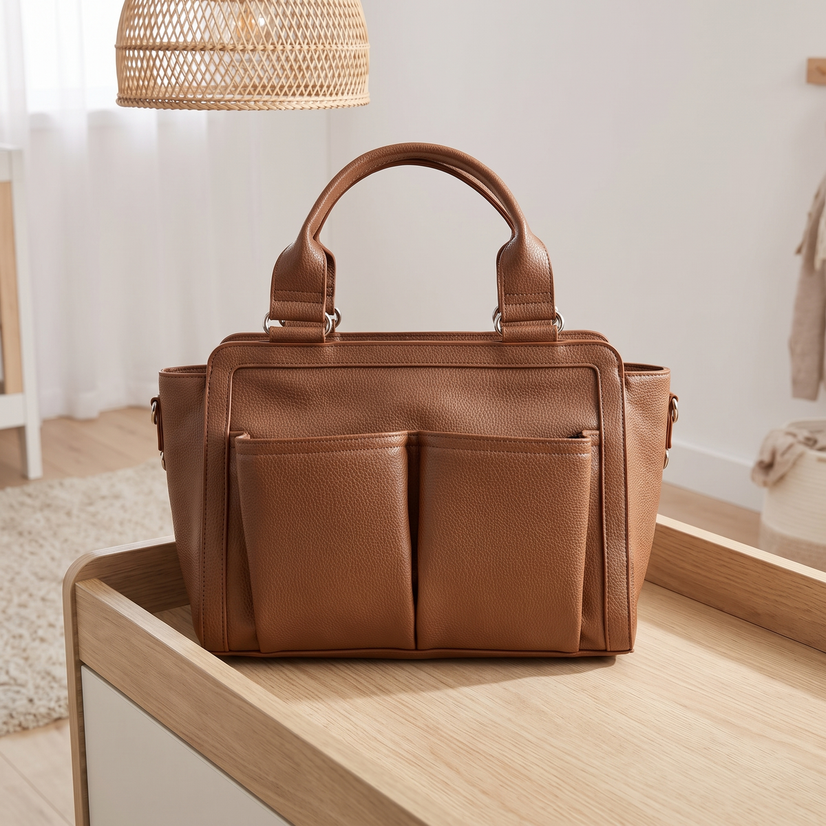 Convertible Faux Leather Pram Caddy with Insulated Bottle Pockets – Pebbled Tan