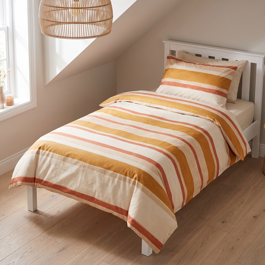 Striped Cotton Kids Quilt Cover with Plain Reverse, Single – Sun-Soaked Stripe, 140 x 210 cm