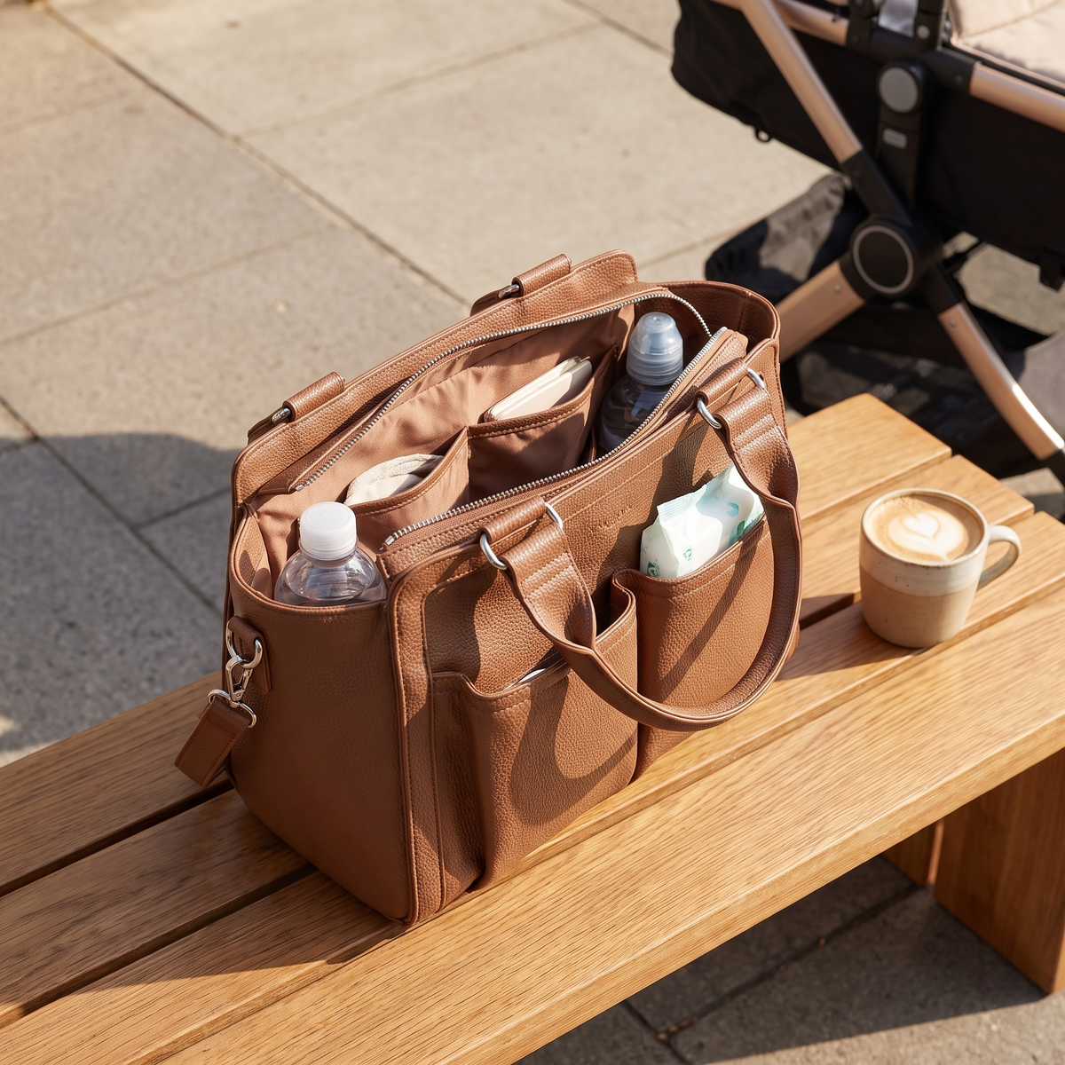 Convertible Faux Leather Pram Caddy with Insulated Bottle Pockets – Pebbled Tan
