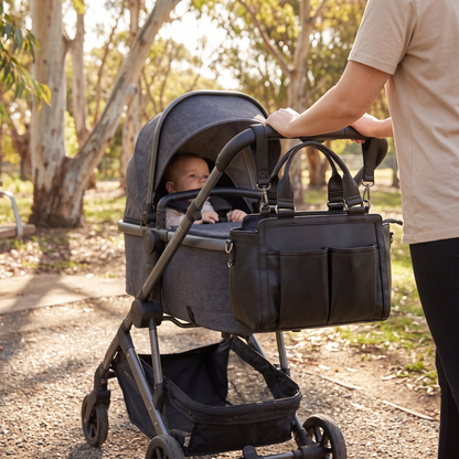 Convertible Faux Leather Pram Caddy with Insulated Bottle Pockets – Black