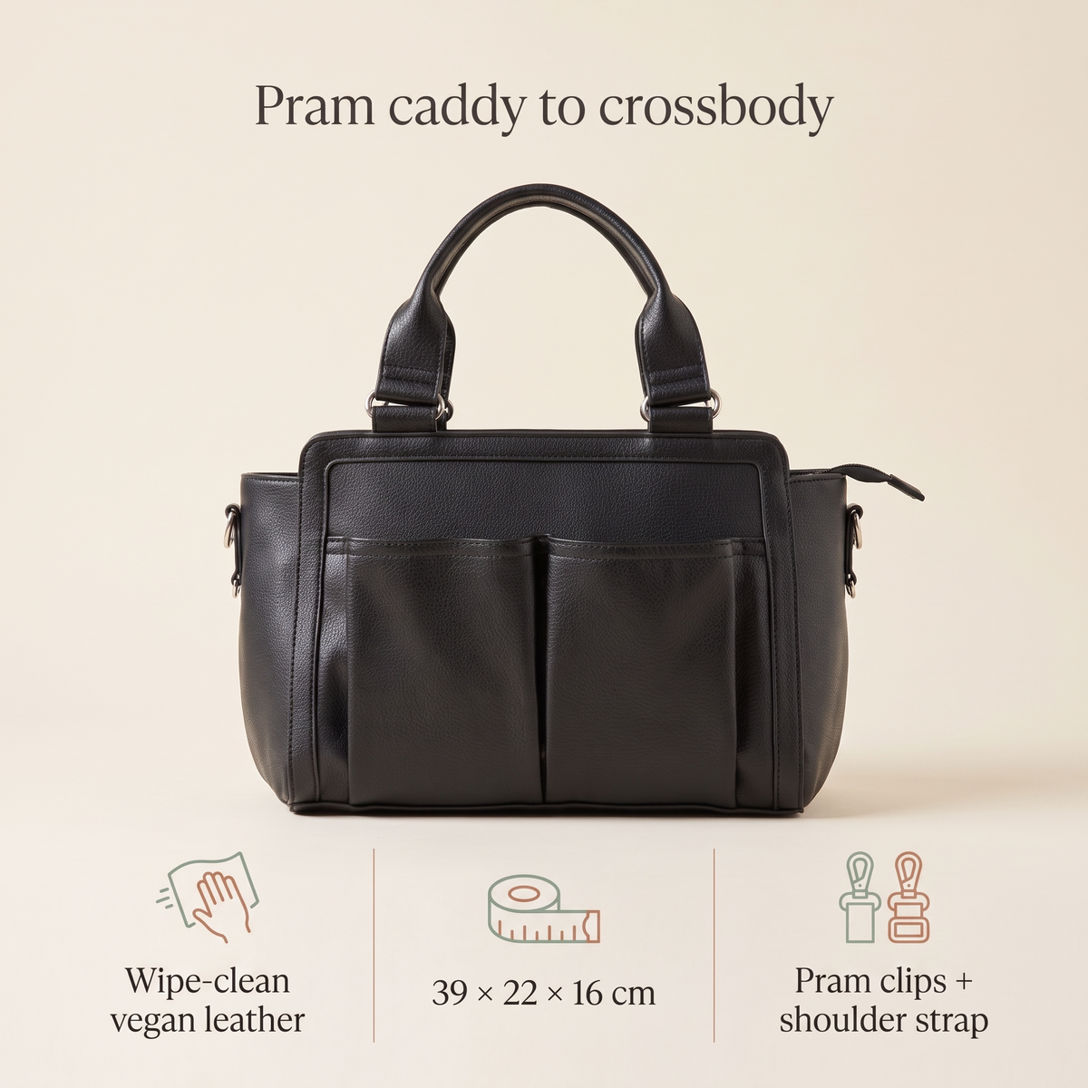 Convertible Faux Leather Pram Caddy with Insulated Bottle Pockets – Black