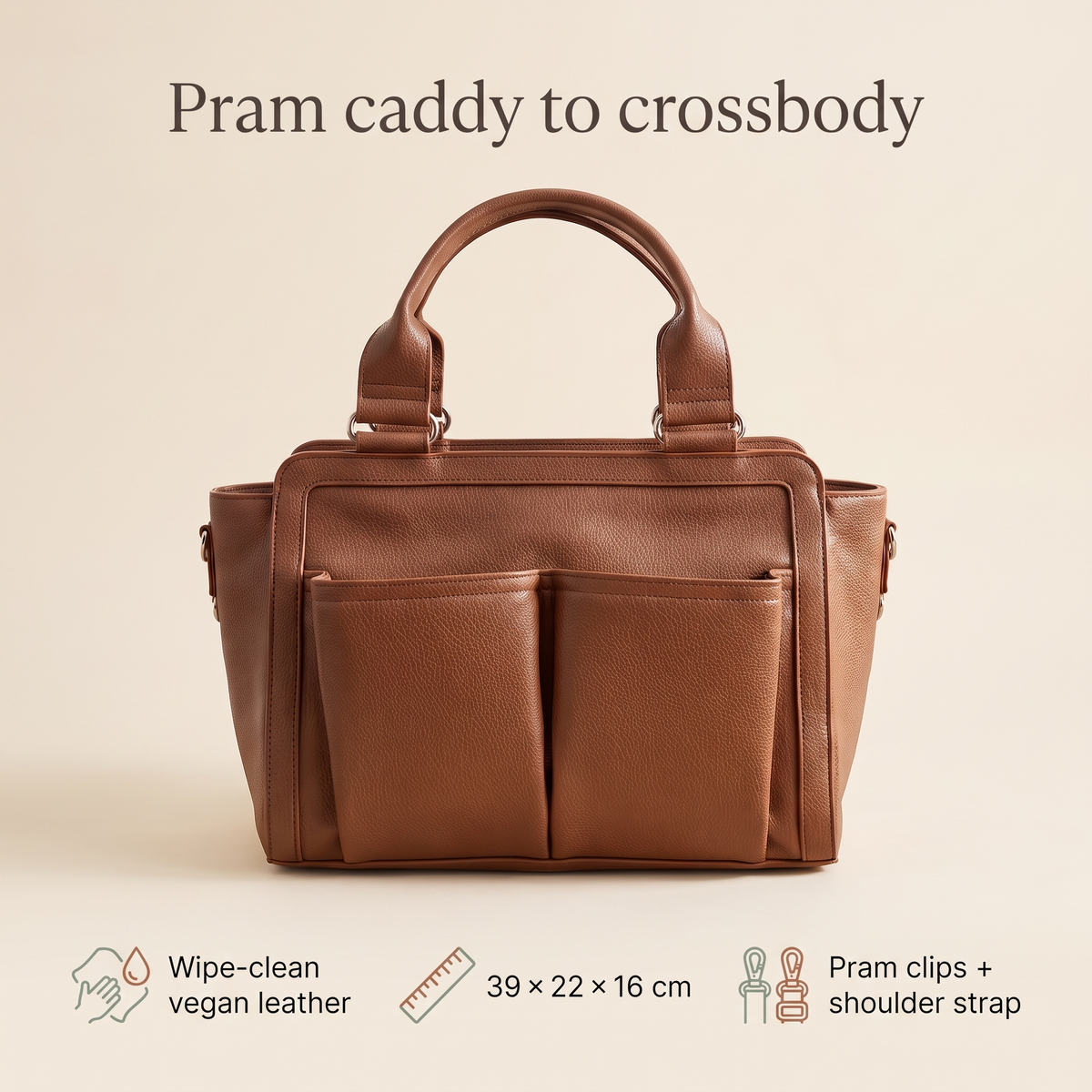 Convertible Faux Leather Pram Caddy with Insulated Bottle Pockets – Pebbled Tan